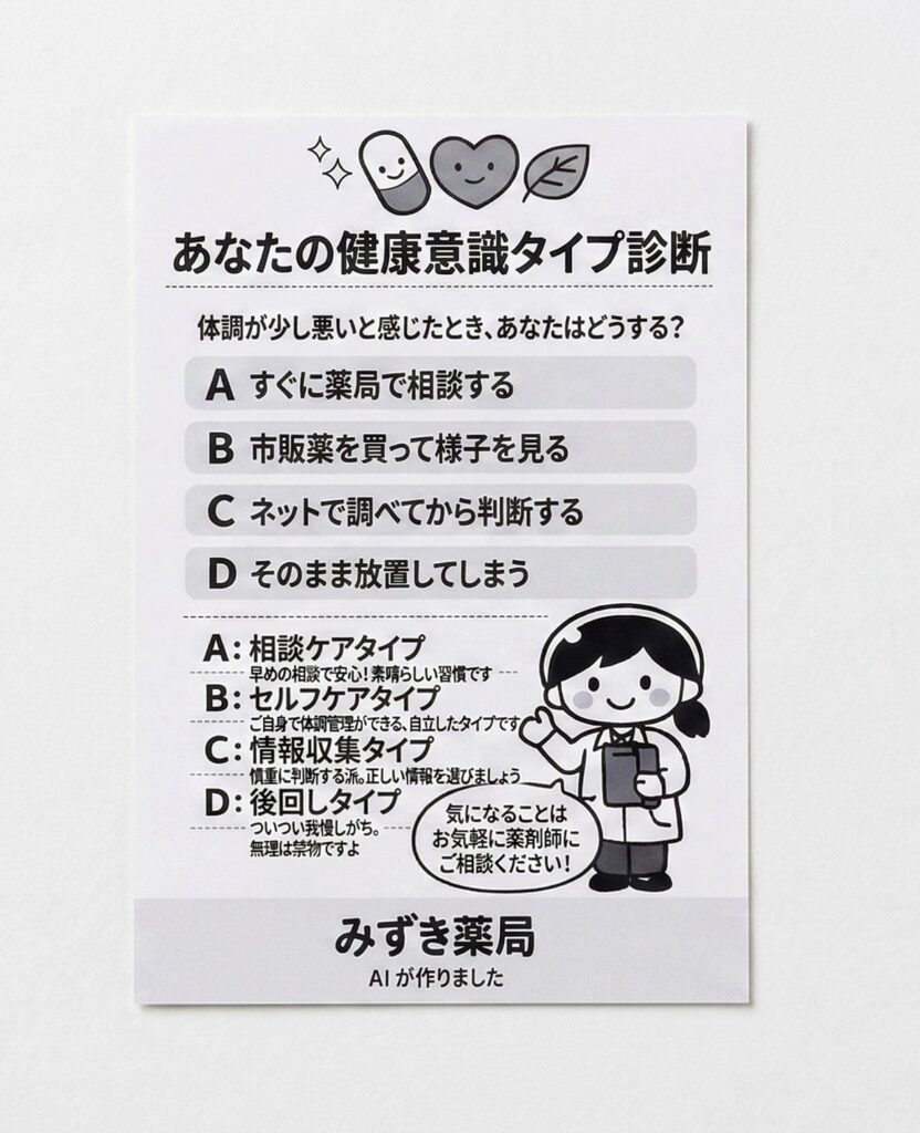 市原市の薬局待合室に設置された健康チェック掲示物
