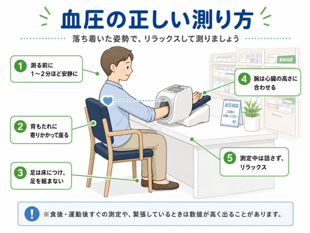血圧の正しい測り方を説明したイラスト
