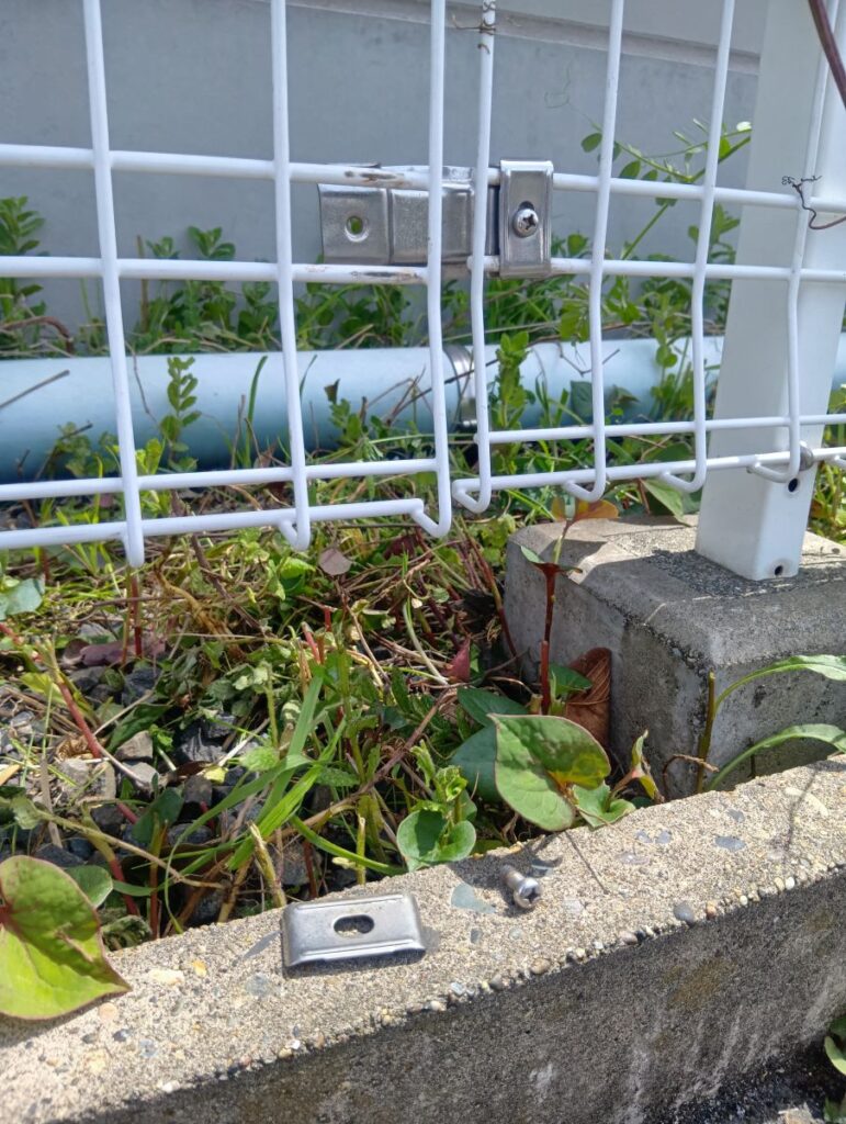 フェンスの外れていた金具とネジ
