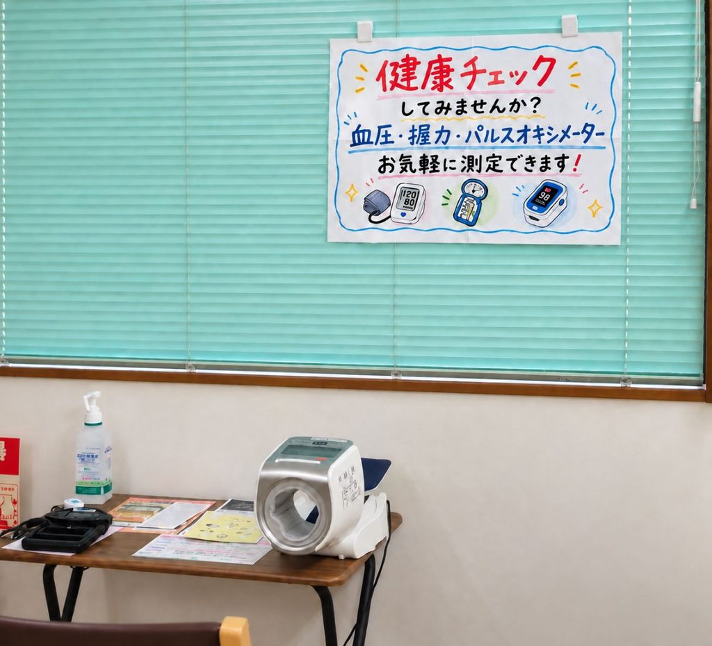 みずき薬局成田店の血圧計などを設置した健康チェックコーナー