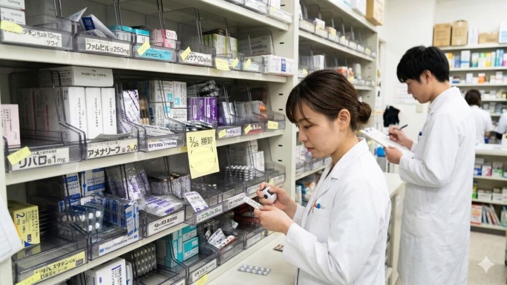 オレンジ薬局で棚卸作業を行う薬剤師 医薬品在庫確認の様子
