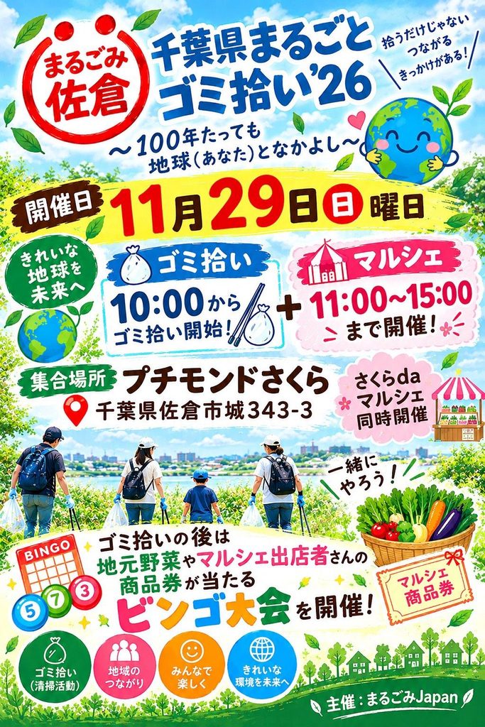 2026年11月29日開催「千葉県まるごとゴミ拾い'26」「さくらdaマルシェ」のイベント案内ポスター