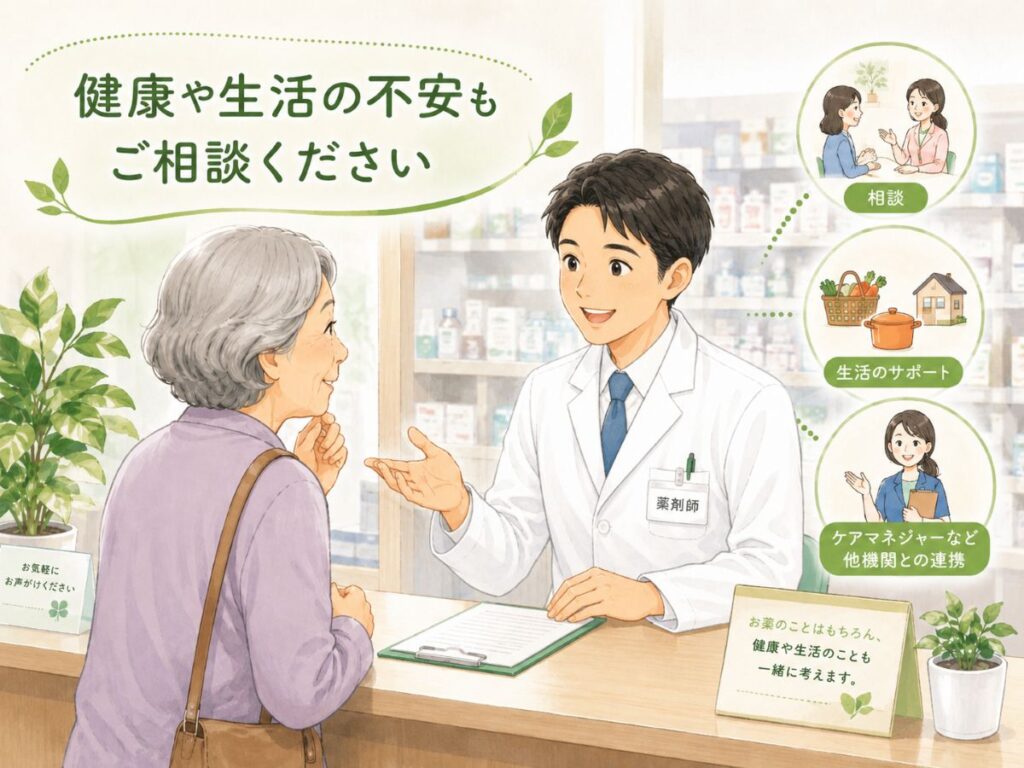 健康や生活の不安について薬剤師に相談する高齢の女性のイラスト